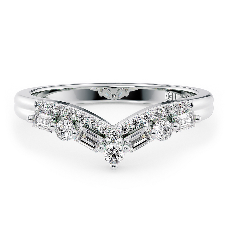 Load image into Gallery viewer, Half Eternity Chevron Pavé and Alternating Round and Baguette Round Diamond Wedding Ring in Gold or Platinum
