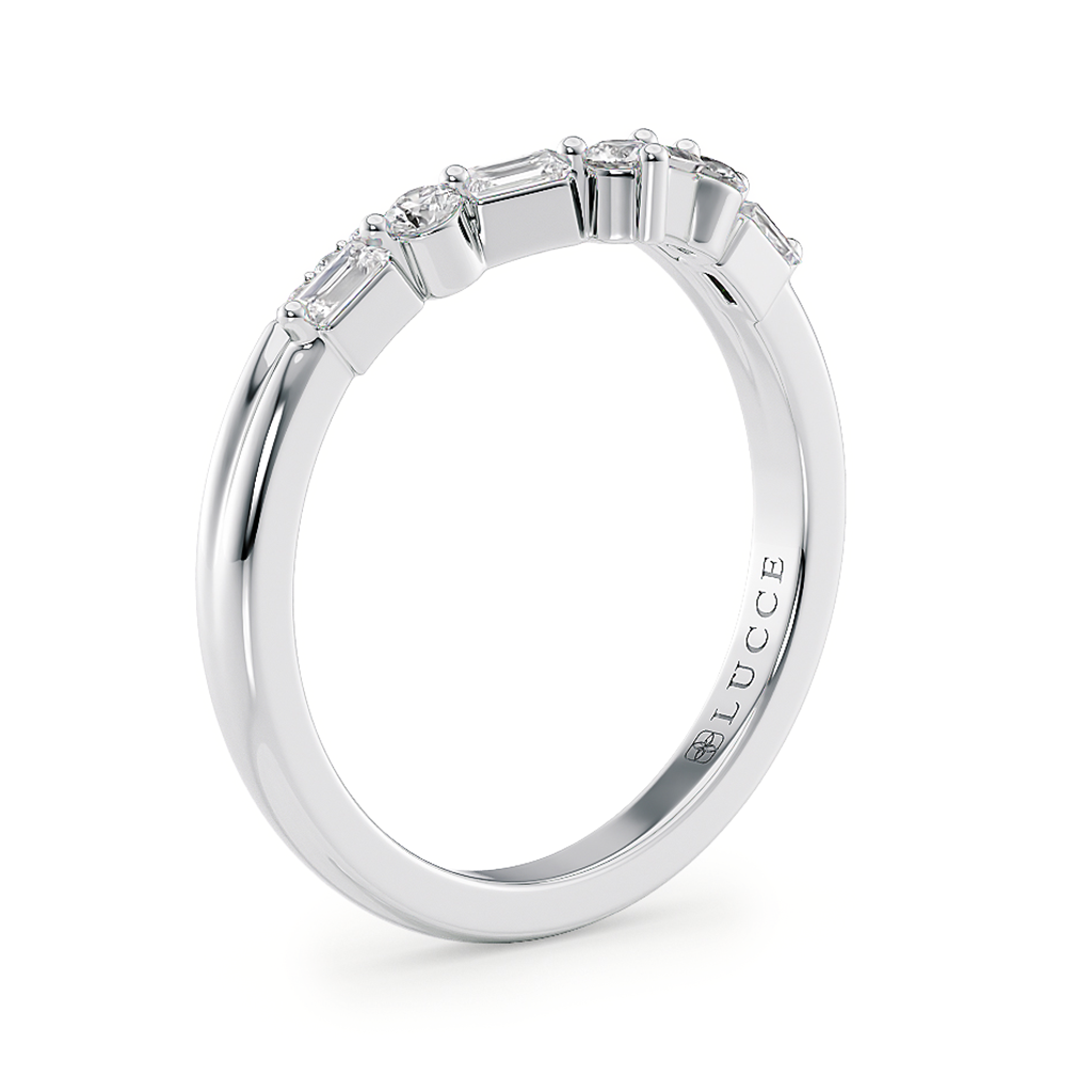 Load image into Gallery viewer, Half Eternity Chevron Pavé and Alternating Round and Baguette Round Diamond Wedding Ring in Gold or Platinum
