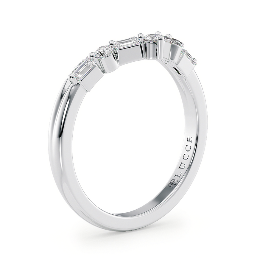 Load image into Gallery viewer, Half Eternity Chevron Pavé and Alternating Round and Baguette Round Diamond Wedding Ring in Gold or Platinum
