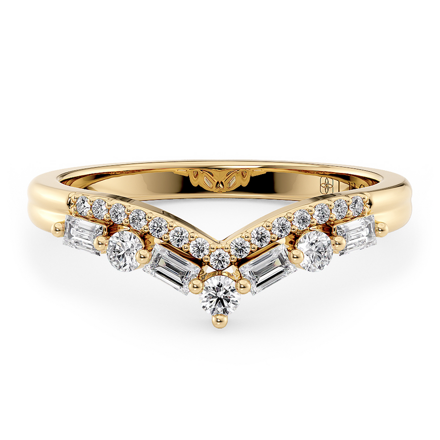 Load image into Gallery viewer, Half Eternity Chevron Pavé and Alternating Round and Baguette Round Diamond Wedding Ring in Gold or Platinum
