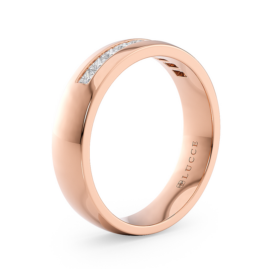 Load image into Gallery viewer, LUCCE Semi-Domed Unisex Wedding Ring with Princess Cut Diamonds on Gold or Platinum
