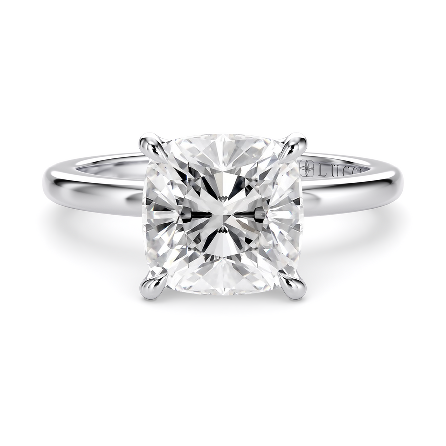 Load image into Gallery viewer, LUCCE Solitaire Cushion Diamond Engagement Ring with Petal Prongs in Gold or Platinum
