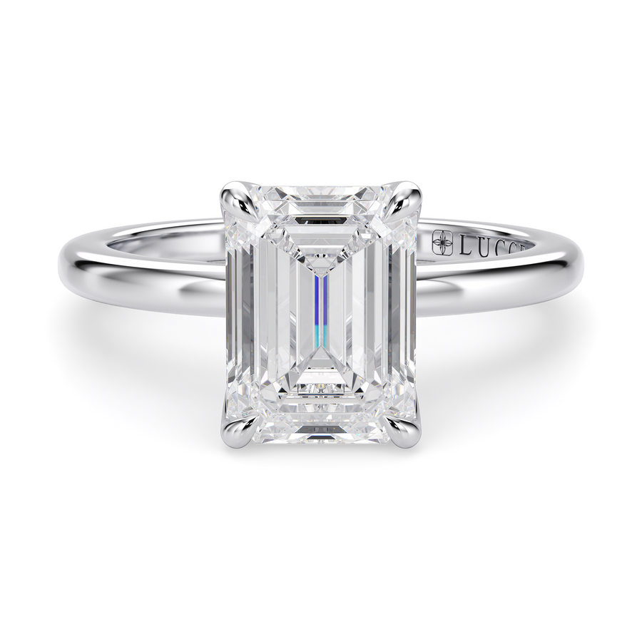 Load image into Gallery viewer, LUCCE Solitaire Emerald Diamond Engagement Ring with Petal Prongs in Gold or Platinum
