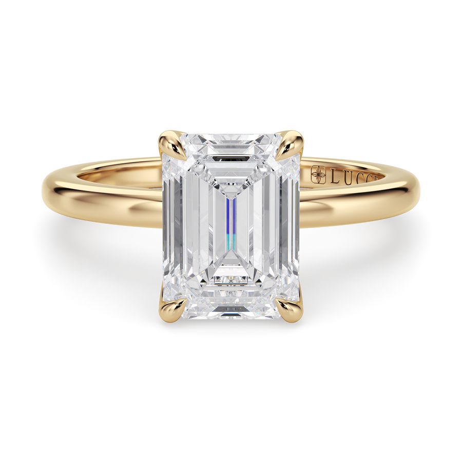 Load image into Gallery viewer, LUCCE Solitaire Emerald Diamond Engagement Ring with Petal Prongs in Gold or Platinum
