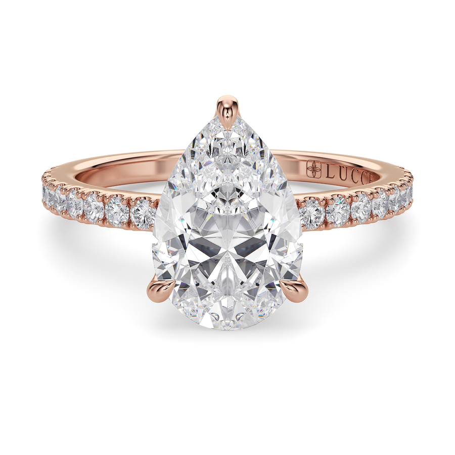 Load image into Gallery viewer, LUCCE Pavé Pear Diamond Engagement Ring with Hidden Halo and Petal Prongs in Gold or Platinum

