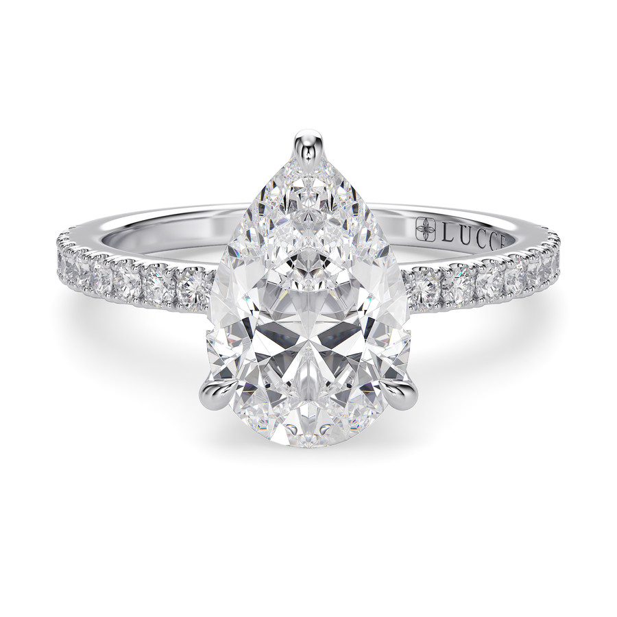 Load image into Gallery viewer, LUCCE Pavé Pear Diamond Engagement Ring with Hidden Halo and Petal Prongs in Gold or Platinum

