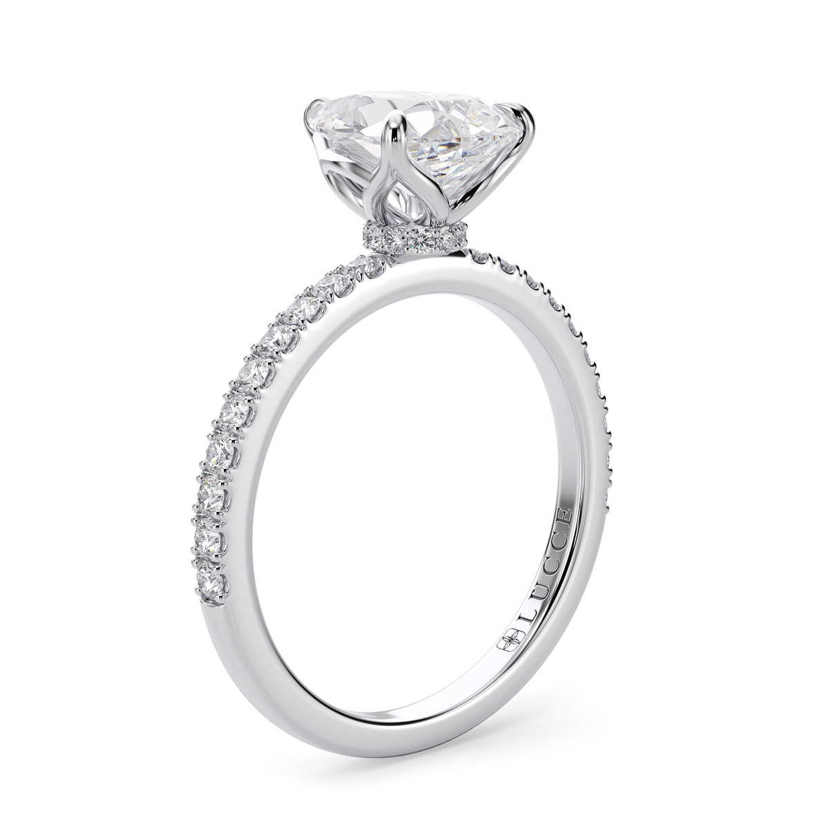 Load image into Gallery viewer, LUCCE Pavé Pear Diamond Engagement Ring with Hidden Halo and Petal Prongs in Gold or Platinum
