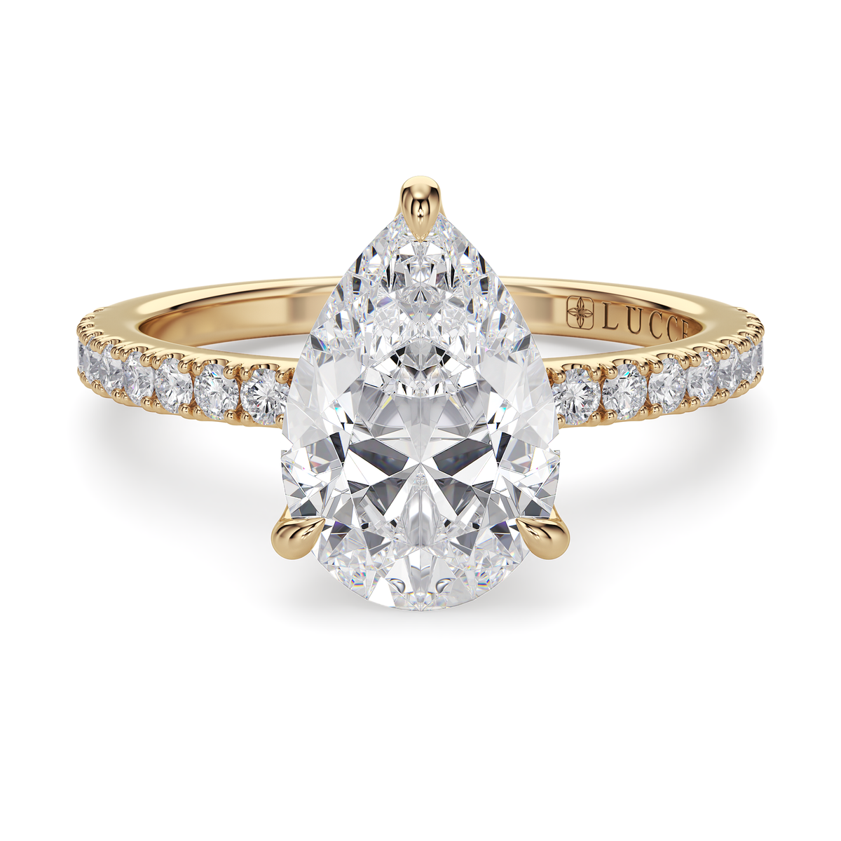 Load image into Gallery viewer, LUCCE Pavé Pear Diamond Engagement Ring with Hidden Halo and Petal Prongs in Gold or Platinum
