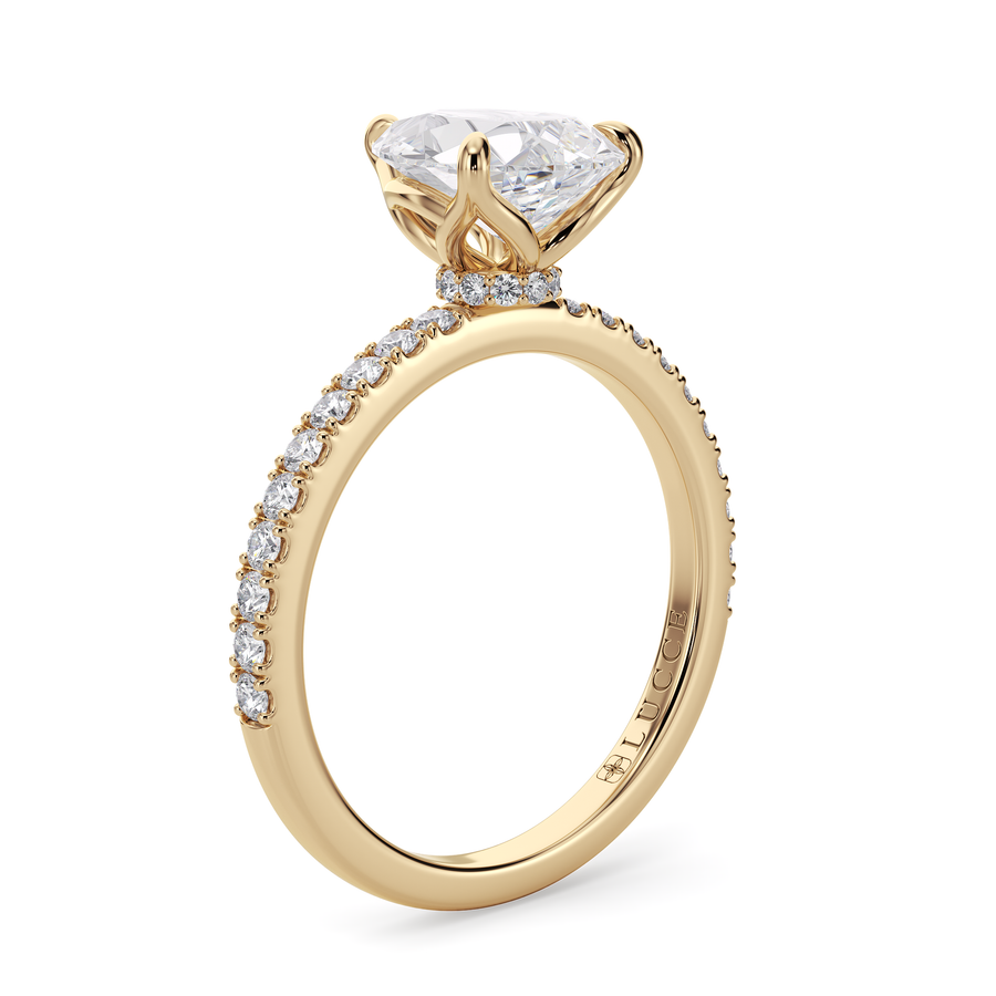Load image into Gallery viewer, LUCCE Pavé Pear Diamond Engagement Ring with Hidden Halo and Petal Prongs in Gold or Platinum
