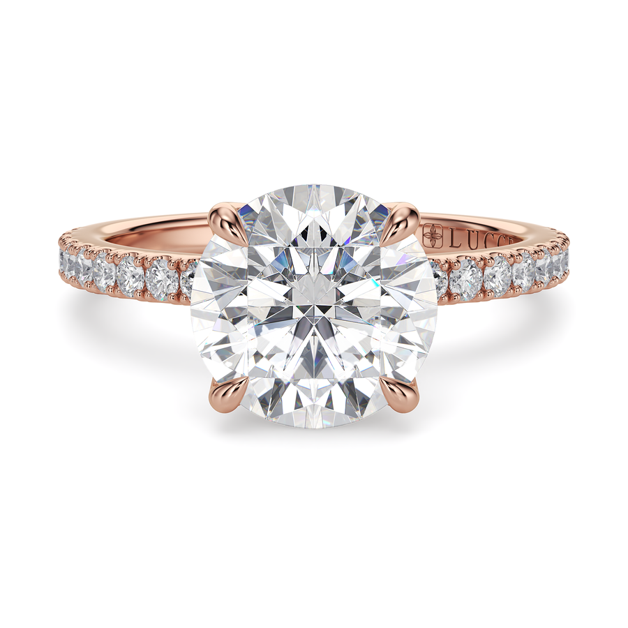 Load image into Gallery viewer, LUCCE Pavé Round Diamond Engagement Ring with Hidden Halo and  Petal Prongs in Gold or Platinum
