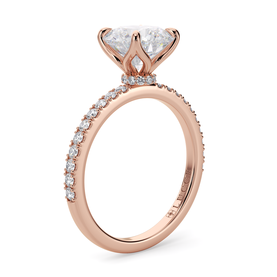 Load image into Gallery viewer, LUCCE Pavé Round Diamond Engagement Ring with Hidden Halo and  Petal Prongs in Gold or Platinum
