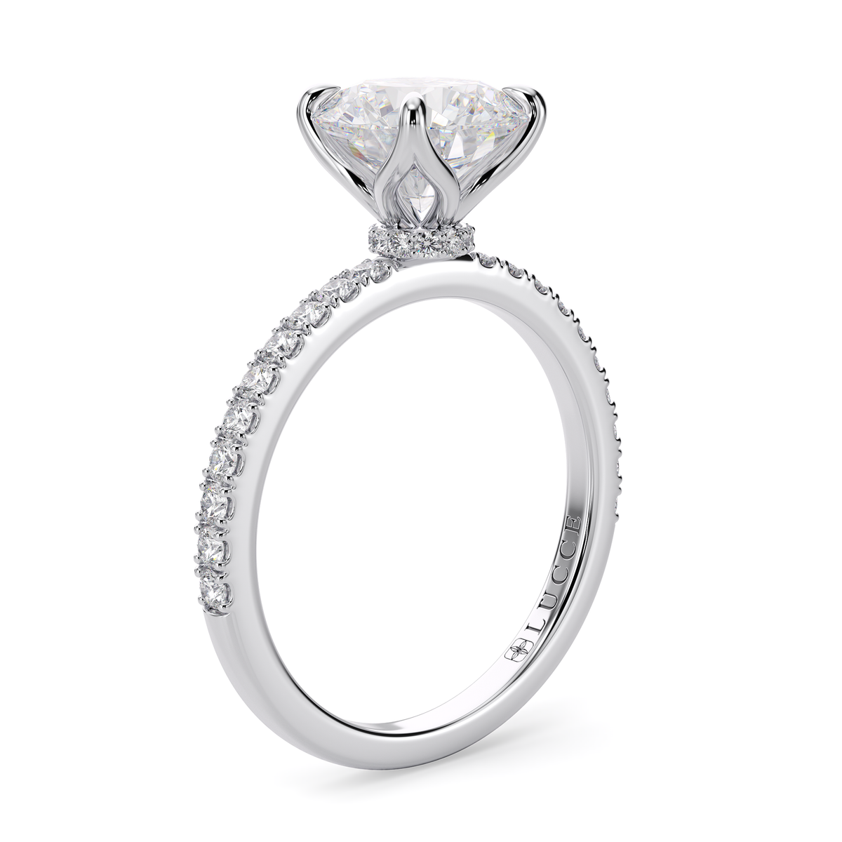 Load image into Gallery viewer, LUCCE Pavé Round Diamond Engagement Ring with Hidden Halo and  Petal Prongs in Gold or Platinum
