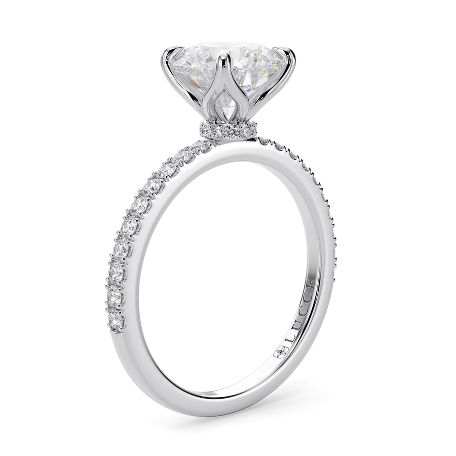 Load image into Gallery viewer, LUCCE Pavé Round Diamond Engagement Ring with Hidden Halo and  Petal Prongs in Gold or Platinum
