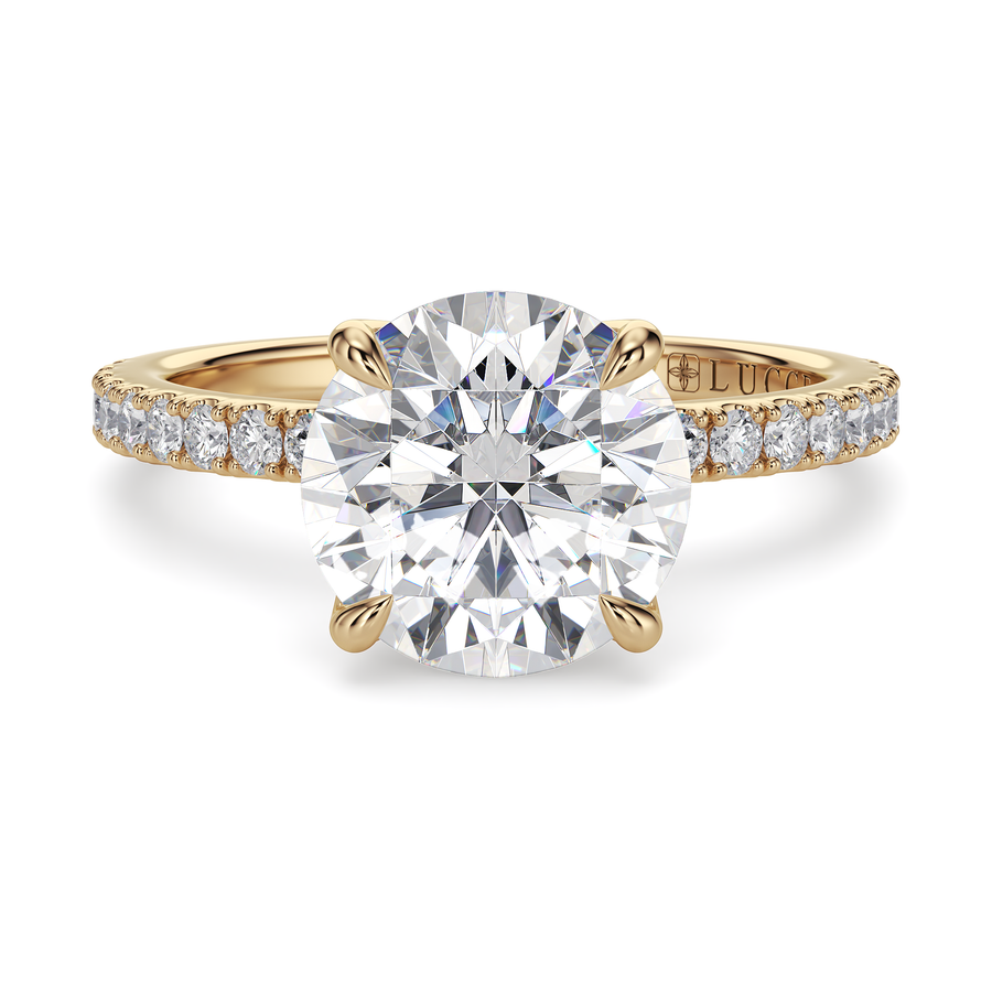 Load image into Gallery viewer, LUCCE Pavé Round Diamond Engagement Ring with Hidden Halo and  Petal Prongs in Gold or Platinum
