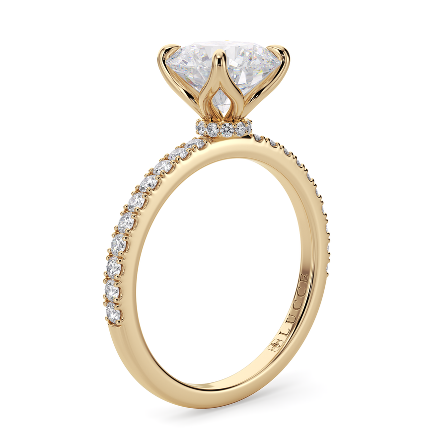 Load image into Gallery viewer, LUCCE Pavé Round Diamond Engagement Ring with Hidden Halo and  Petal Prongs in Gold or Platinum
