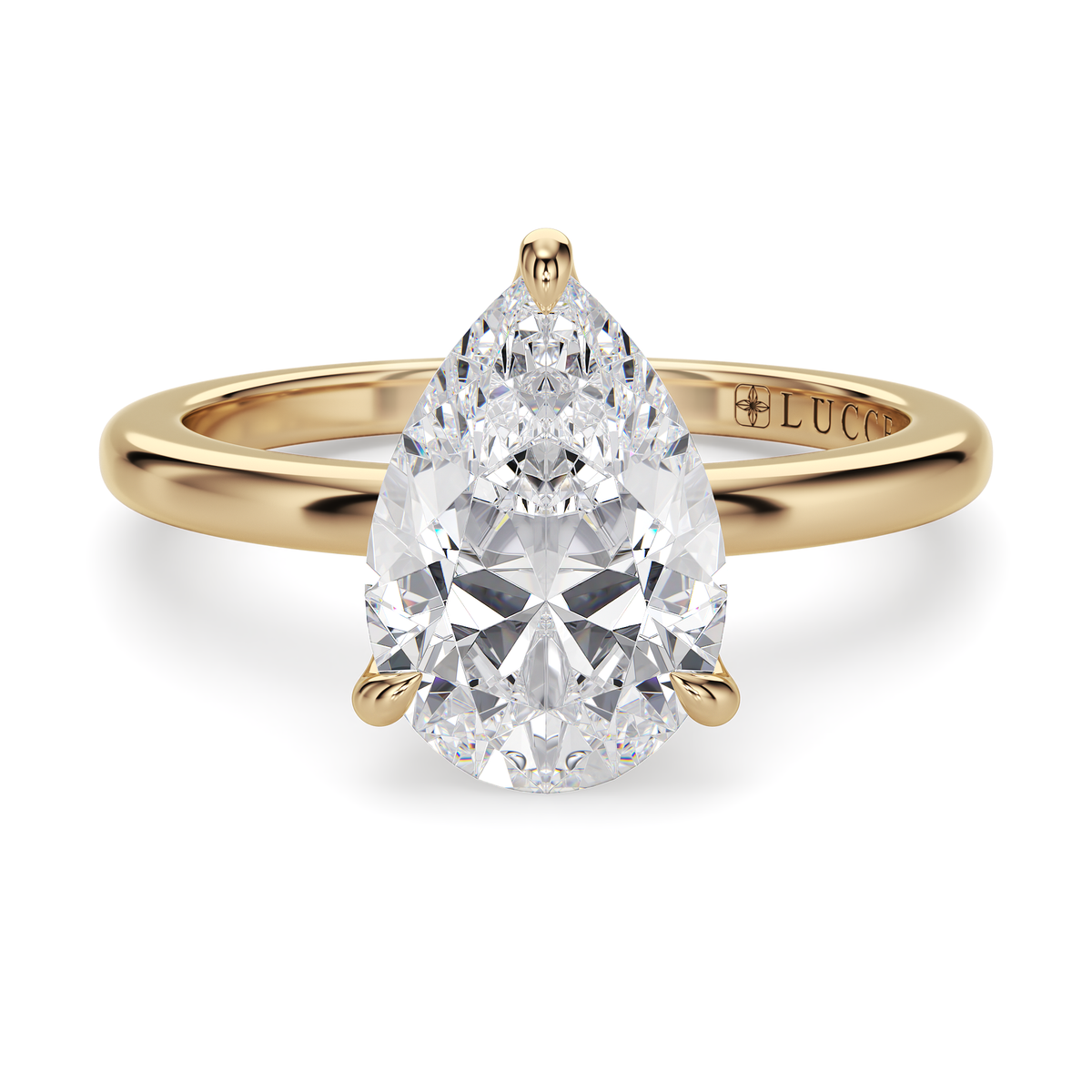 Load image into Gallery viewer, LUCCE Solitaire Pear Diamond Engagement Ring with Hidden Halo and Petal Prongs in Gold or Platinum
