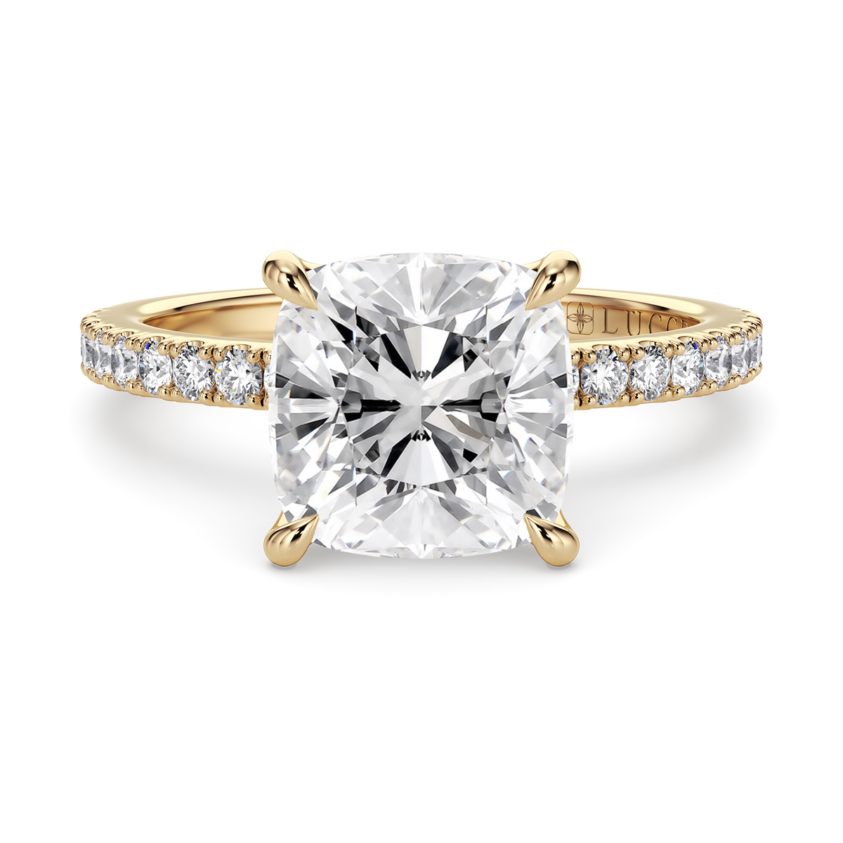 Load image into Gallery viewer, LUCCE Pavé Cushion Diamond Engagement Ring with Petal Prongs in Gold or Platinum

