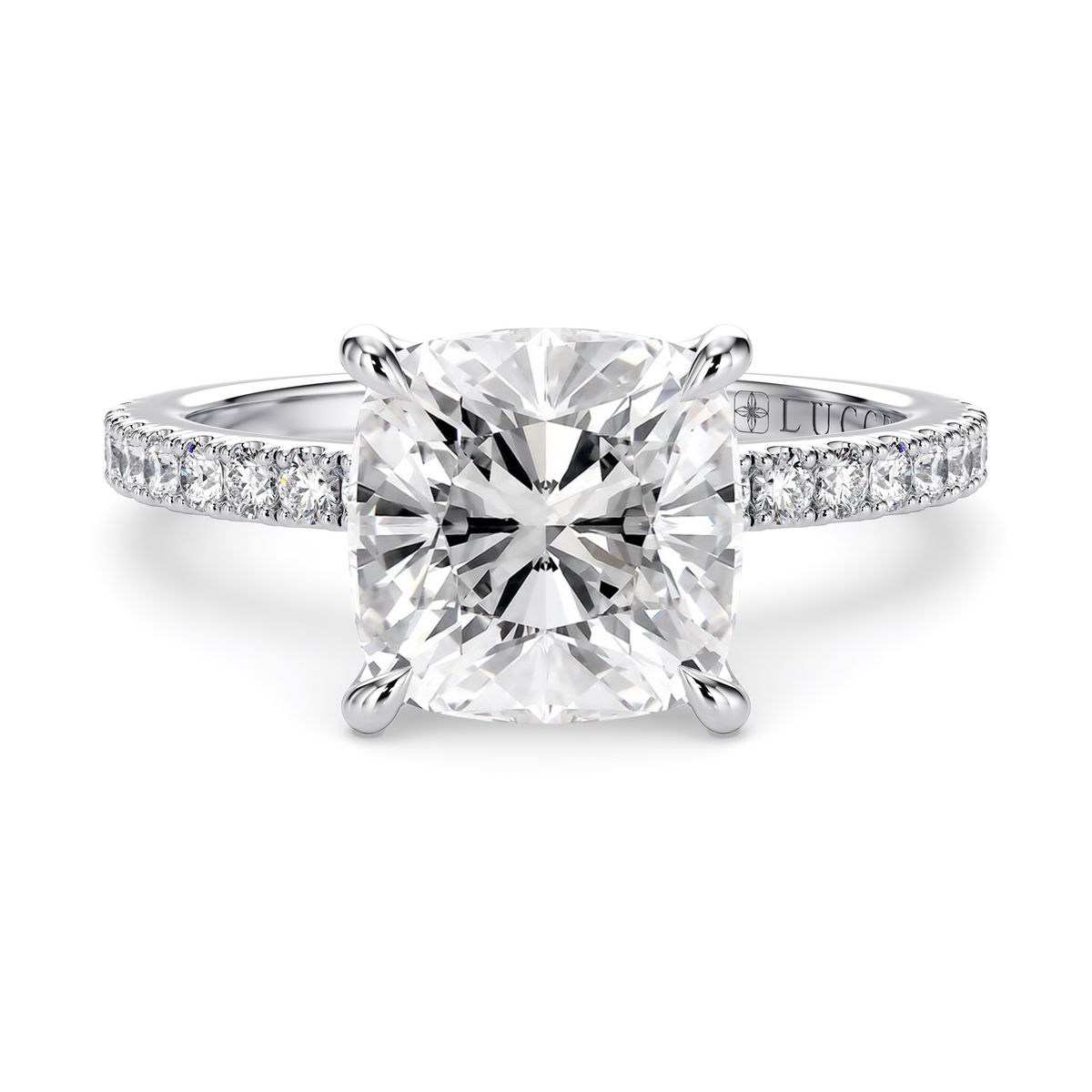 Load image into Gallery viewer, LUCCE Pavé Cushion Diamond Engagement Ring with Petal Prongs in Gold or Platinum
