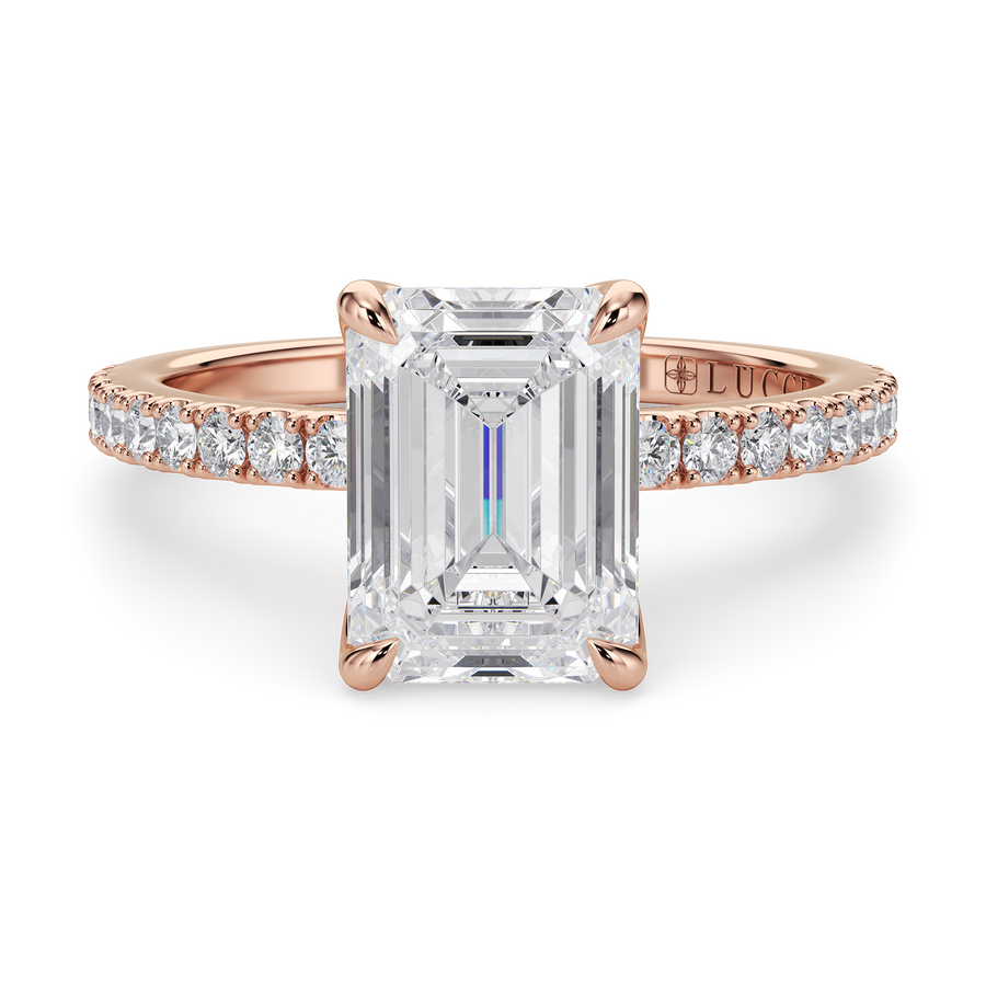 Load image into Gallery viewer, LUCCE Pavé Emerald Diamond Engagement Ring with Petal Prongs in Gold or Platinum

