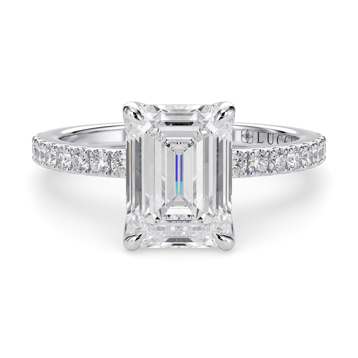 Load image into Gallery viewer, LUCCE Pavé Emerald Diamond Engagement Ring with Petal Prongs in Gold or Platinum
