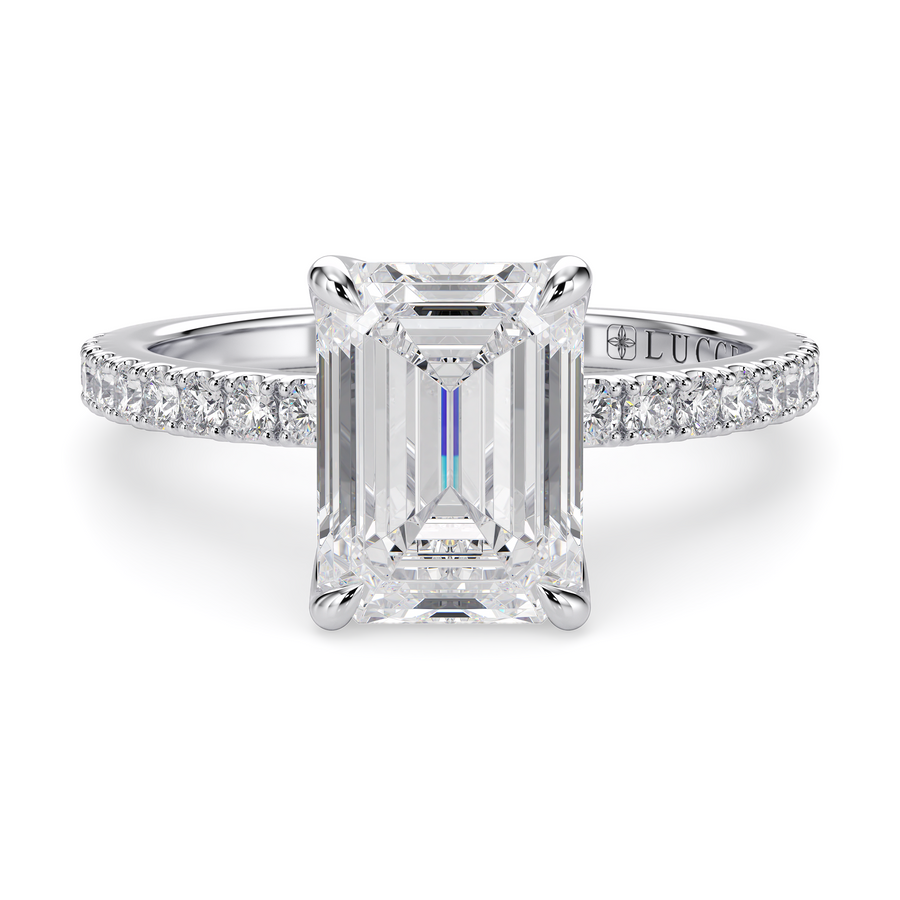 Load image into Gallery viewer, LUCCE Pavé Emerald Diamond Engagement Ring with Petal Prongs in Gold or Platinum
