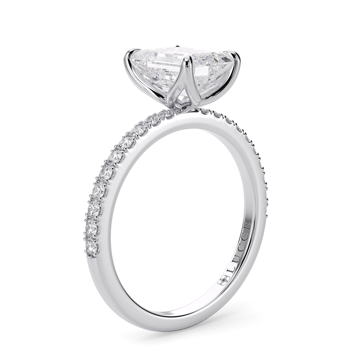 Load image into Gallery viewer, LUCCE Pavé Emerald Diamond Engagement Ring with Petal Prongs in Gold or Platinum
