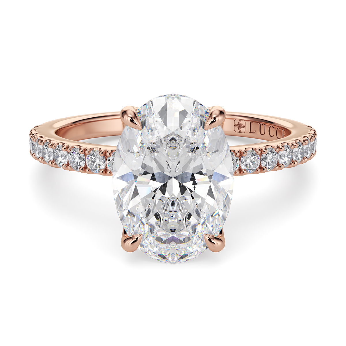 Load image into Gallery viewer, LUCCE Pavé Oval Diamond Engagement Ring with Petal Prongs in Gold or Platinum
