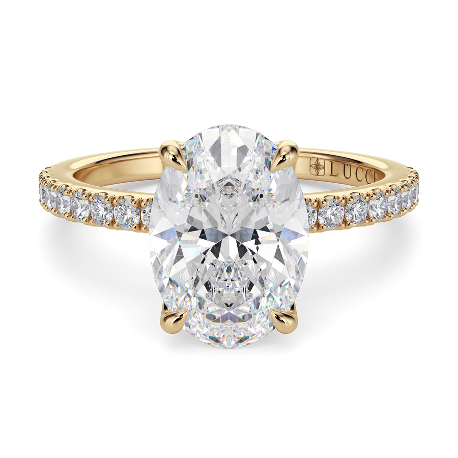 Load image into Gallery viewer, LUCCE Pavé Oval Diamond Engagement Ring with Petal Prongs in Gold or Platinum
