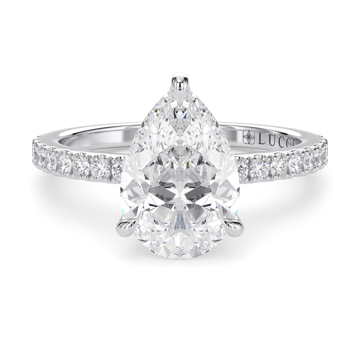 Load image into Gallery viewer, LUCCE Pavé Pear Diamond Engagement Ring with Petal Prongs in Gold or Platinum

