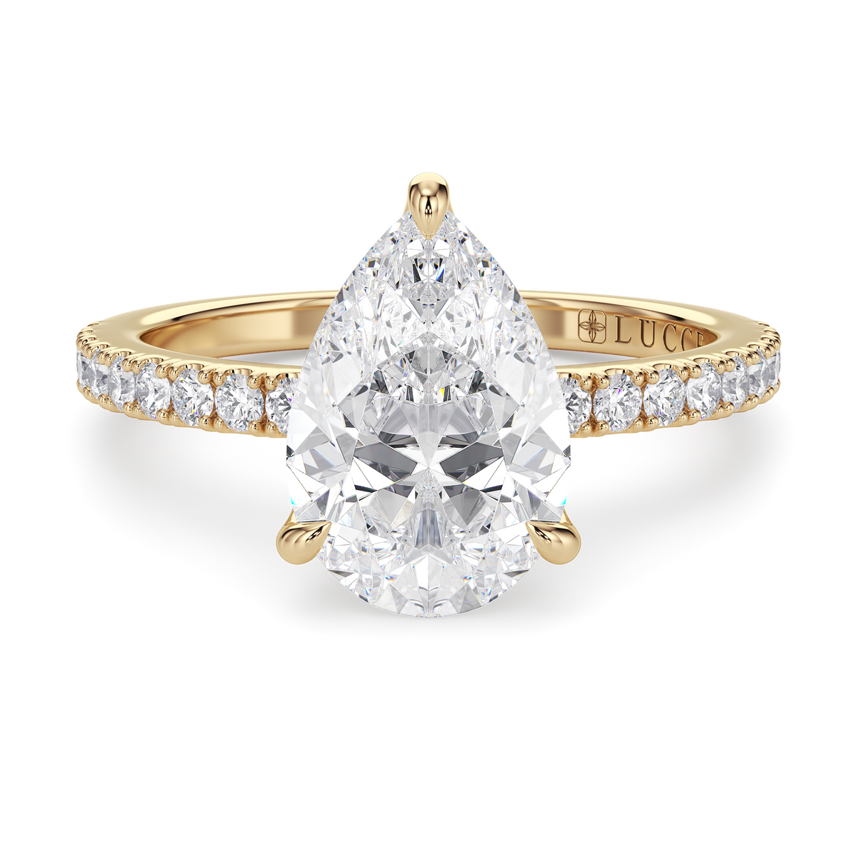 Load image into Gallery viewer, LUCCE Pavé Pear Diamond Engagement Ring with Petal Prongs in Gold or Platinum
