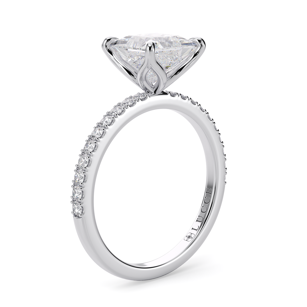 Load image into Gallery viewer, LUCCE Pavé Cushion Diamond Engagement Ring with Petal Prongs in Gold or Platinum

