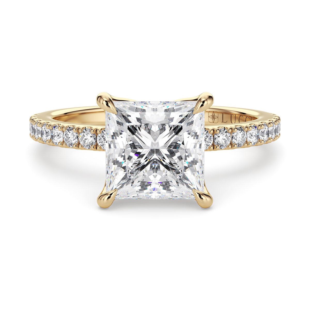 Load image into Gallery viewer, LUCCE Pavé Princess Diamond Engagement Ring with Petal Prongs in Gold or Platinum
