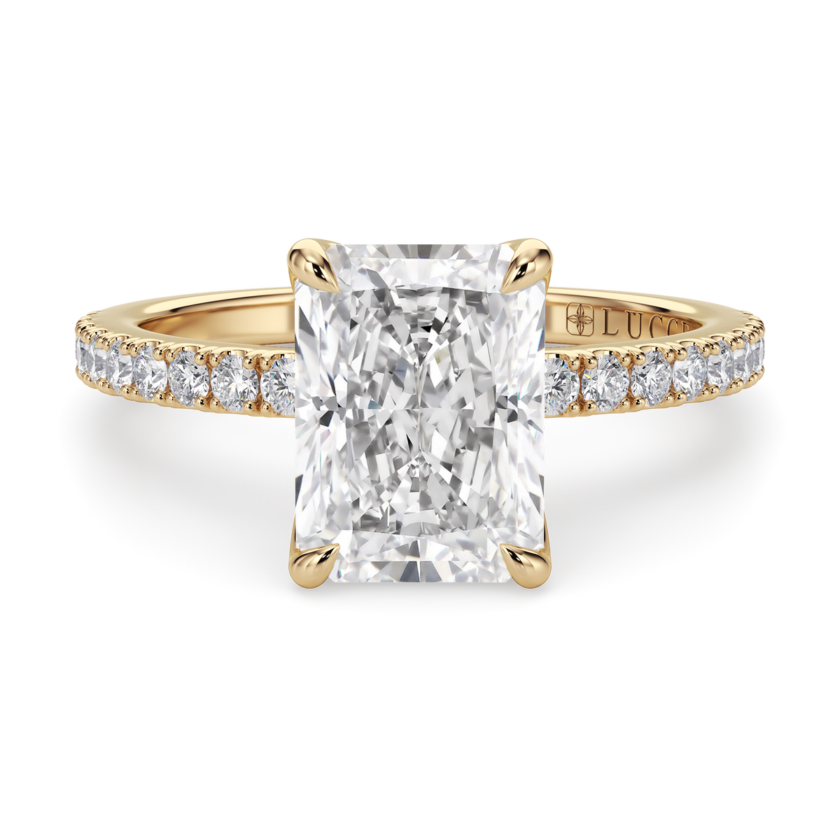 Load image into Gallery viewer, LUCCE Pavé Radiant Diamond Engagement Ring with Petal Prongs in Gold or Platinum
