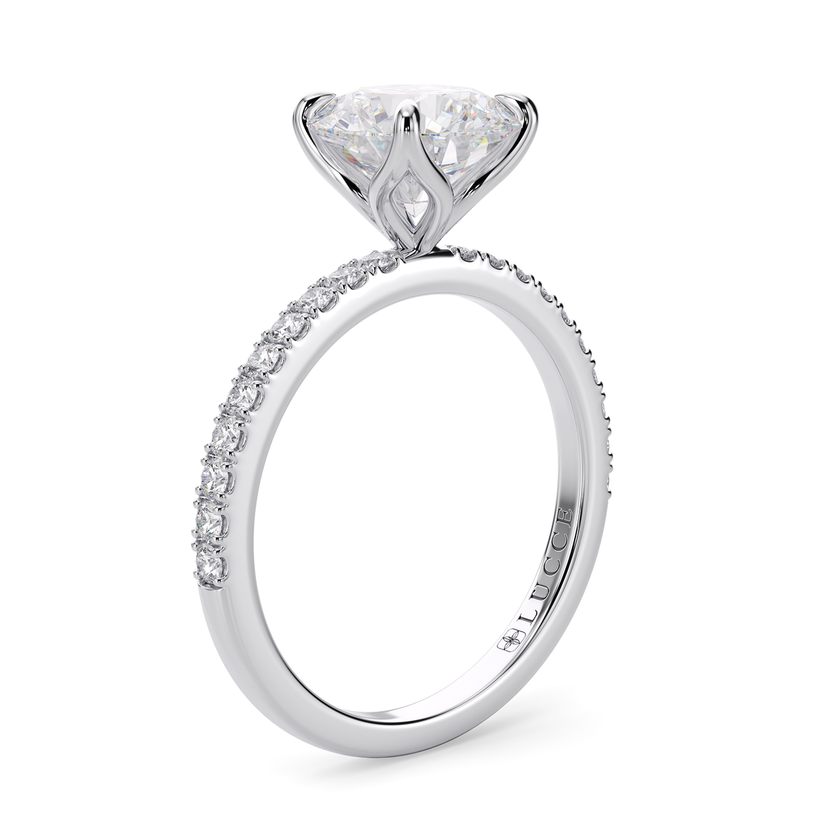Load image into Gallery viewer, LUCCE Pavé Round Diamond Engagement Ring with Petal Prongs in Gold or Platinum
