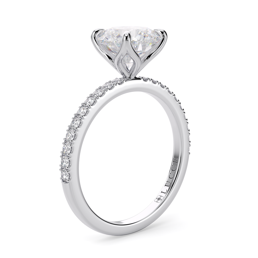 Load image into Gallery viewer, LUCCE Pavé Round Diamond Engagement Ring with Petal Prongs in Gold or Platinum
