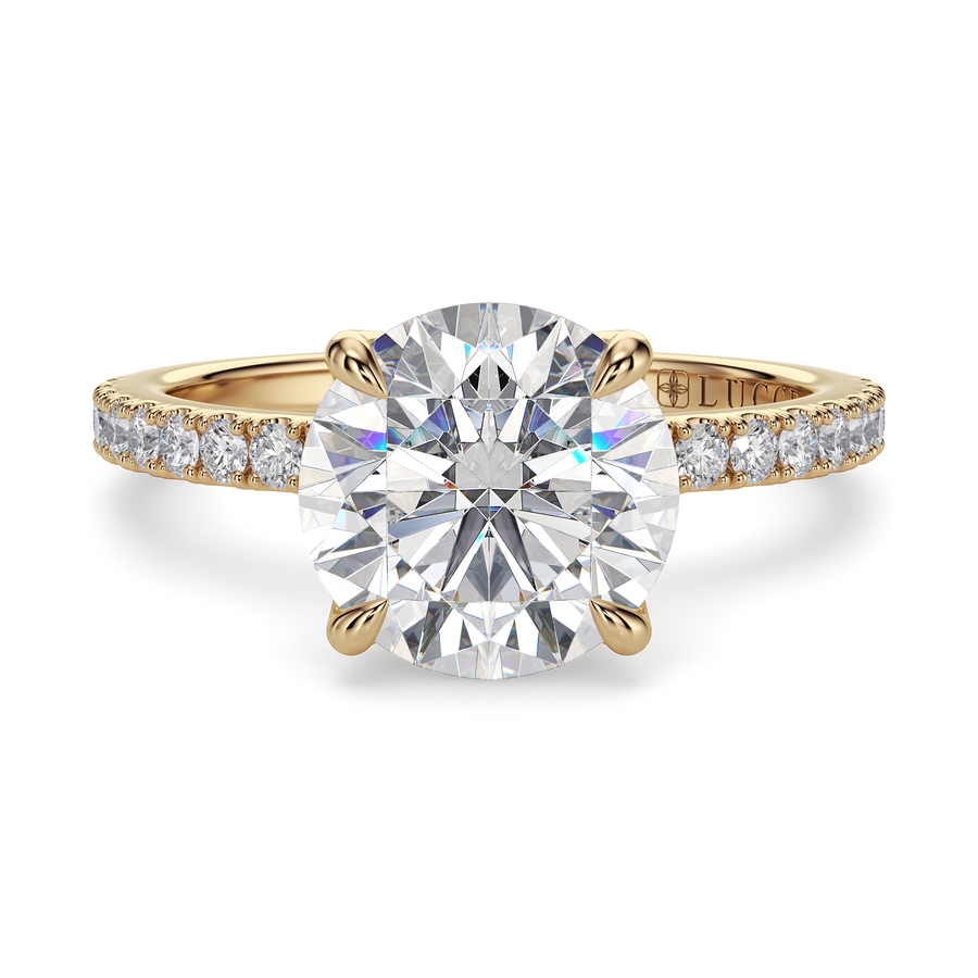 Load image into Gallery viewer, LUCCE Pavé Round Diamond Engagement Ring with Petal Prongs in Gold or Platinum
