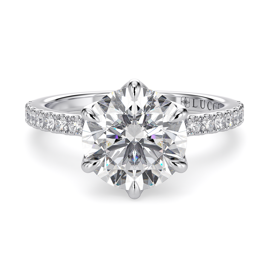 Load image into Gallery viewer, LUCCE Pavé Round Diamond Engagement Ring with Petal Prongs in Gold or Platinum
