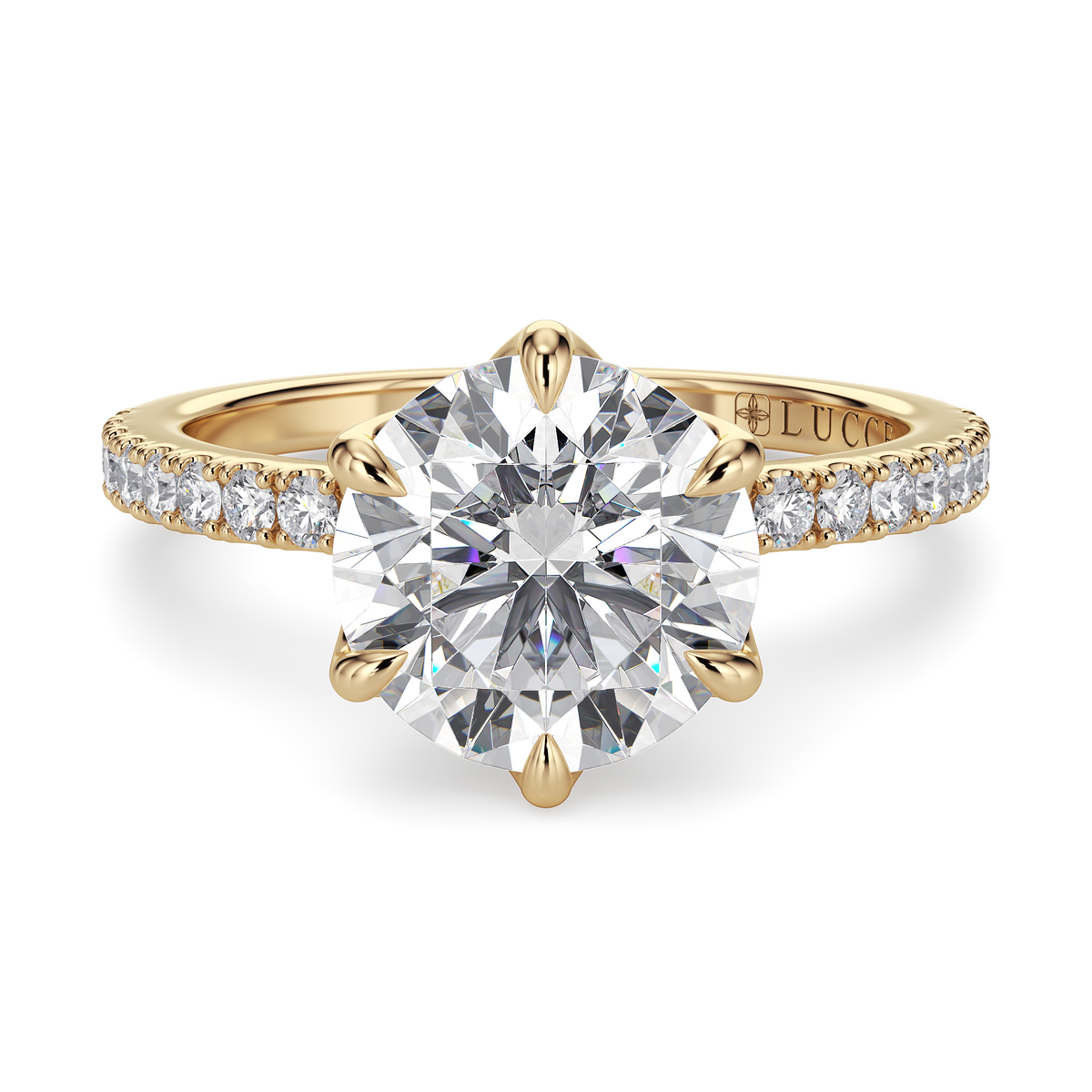Load image into Gallery viewer, LUCCE LUCIA™ Pavé 6-Prong Round 1.02ct Lab Diamond D VVS2 Id IGI 14K Yellow Gold
