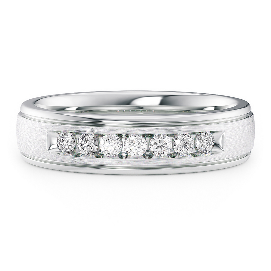 Load image into Gallery viewer, LUCCE Comfort Fit Semi Domed Unisex Wedding Ring with Grooves and Seven Diamonds in Brushed or Polished Finish in Gold or Platinum
