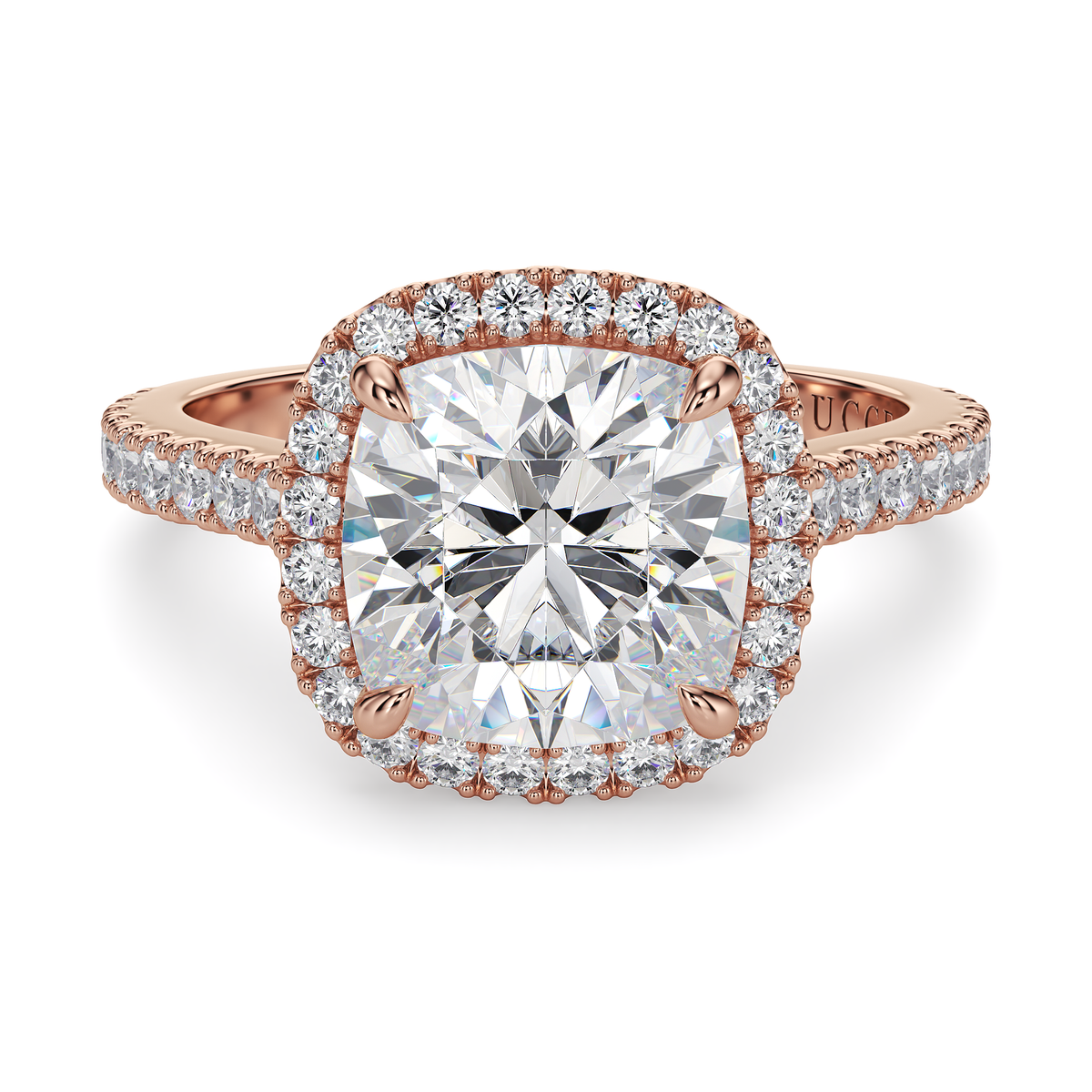Load image into Gallery viewer, LUCCE Pavé Cathedral Cushion Diamond with Halo and Hidden Accents Engagement Ring in Gold or Platinum
