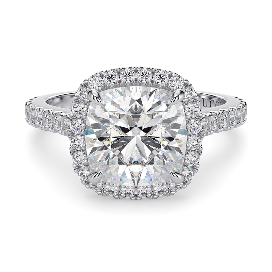 Load image into Gallery viewer, LUCCE Pavé Cathedral Cushion Diamond with Halo and Hidden Accents Engagement Ring in Gold or Platinum
