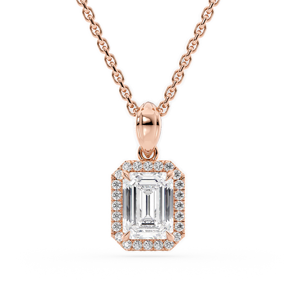 Load image into Gallery viewer, LUCCE Emerald cut Diamond necklace with Halo Pendant Necklace in Gold or Platinum
