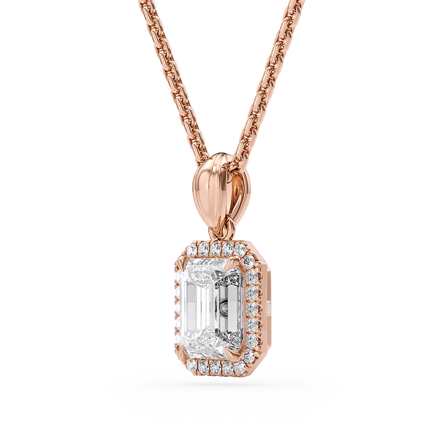 Load image into Gallery viewer, LUCCE Emerald cut Diamond necklace with Halo Pendant Necklace in Gold or Platinum
