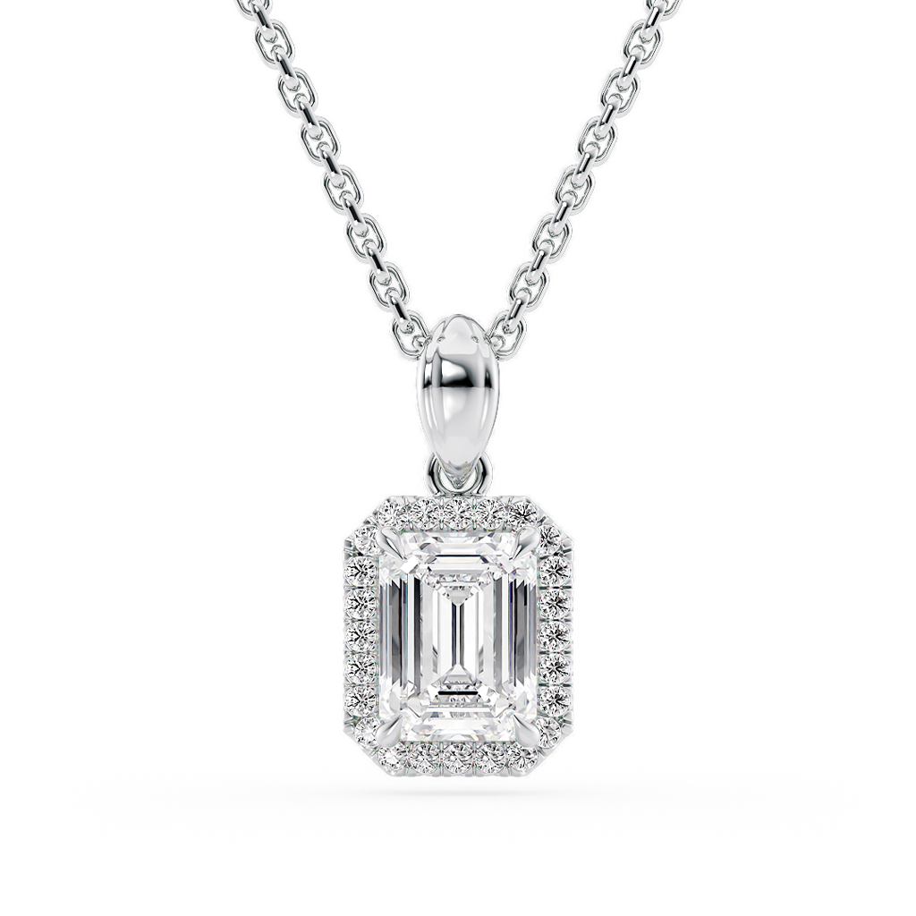 Load image into Gallery viewer, LUCCE Emerald cut Diamond necklace with Halo Pendant Necklace in Gold or Platinum
