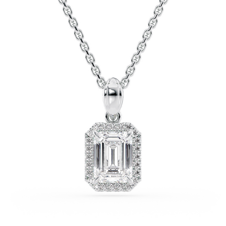 Load image into Gallery viewer, LUCCE Emerald cut Diamond necklace with Halo Pendant Necklace in Gold or Platinum
