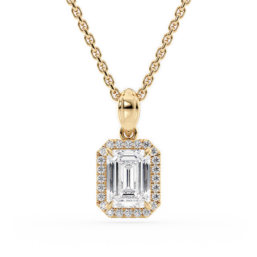 Load image into Gallery viewer, LUCCE Emerald cut Diamond necklace with Halo Pendant Necklace in Gold or Platinum
