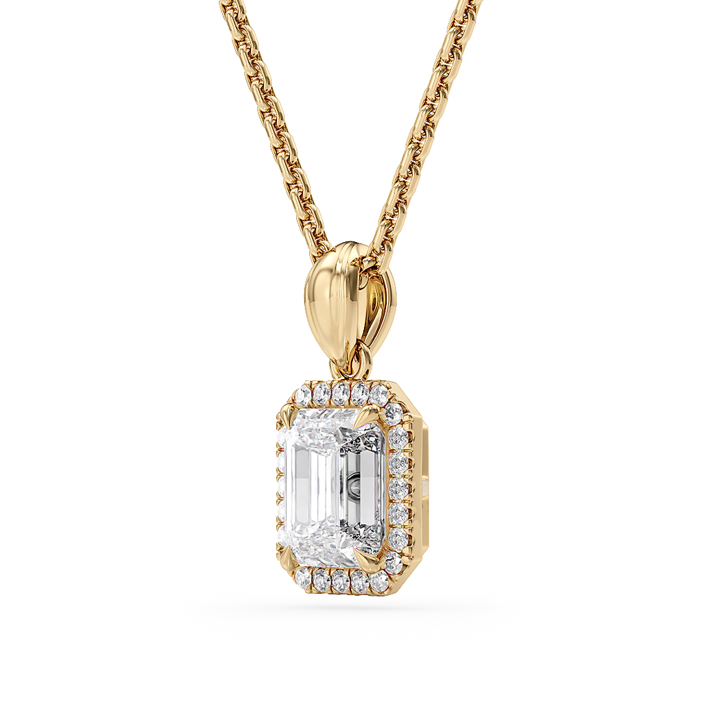 Load image into Gallery viewer, LUCCE Emerald cut Diamond necklace with Halo Pendant Necklace in Gold or Platinum
