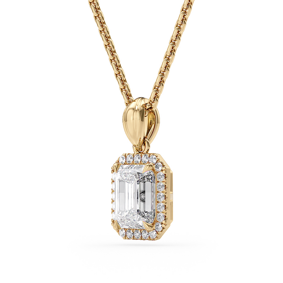 Load image into Gallery viewer, LUCCE Emerald cut Diamond necklace with Halo Pendant Necklace in Gold or Platinum
