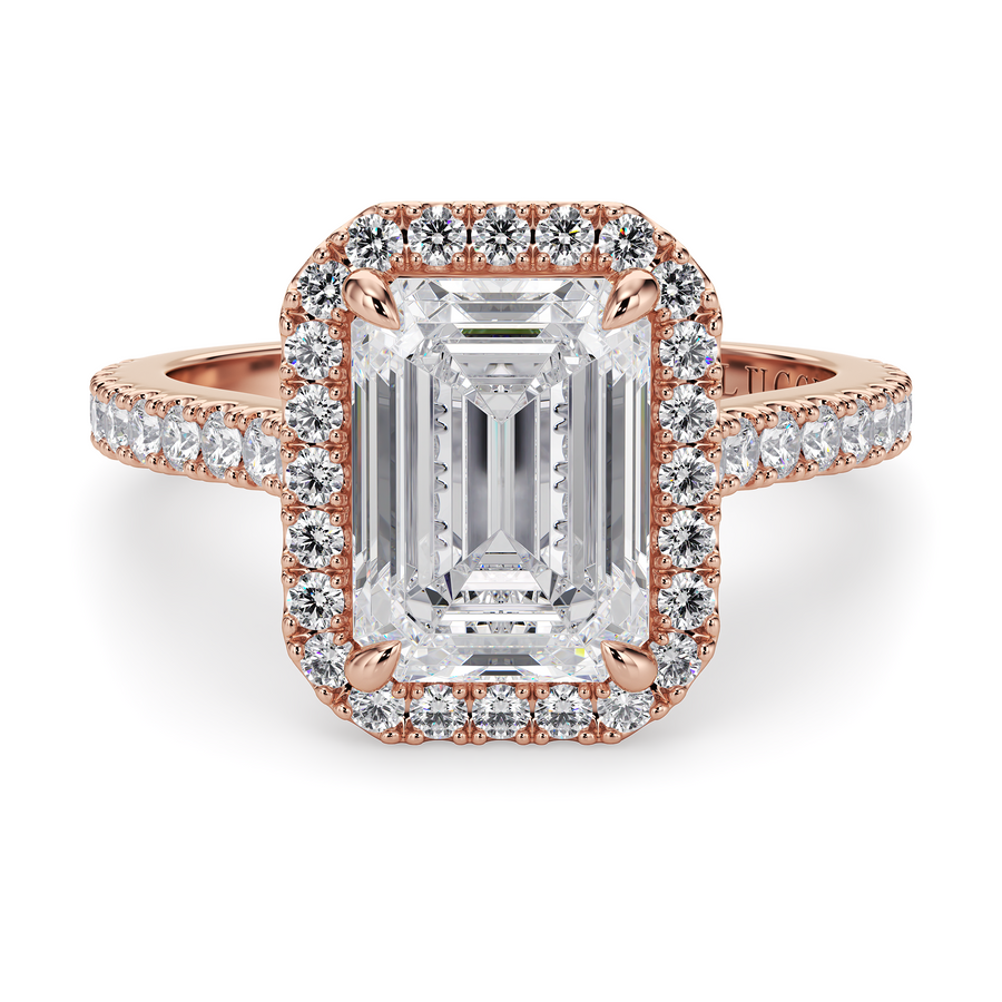 Load image into Gallery viewer, LUCCE Pavé Cathedral Emerald Diamond with Halo and Hidden Accents Engagement Ring in Gold or Platinum
