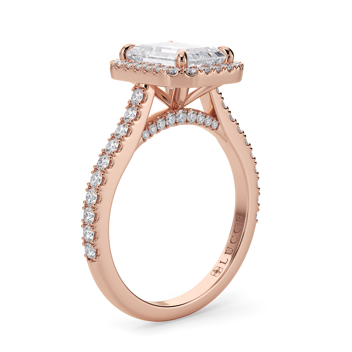 Load image into Gallery viewer, LUCCE Pavé Cathedral Radiant Diamond with Halo and Hidden Accents Engagement Ring in Gold or Platinum
